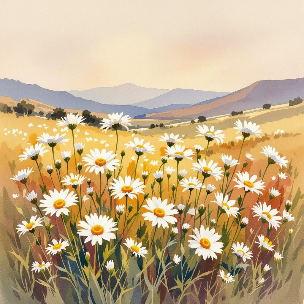 Namaqualand Daisies in Watercolour Spring Landscape