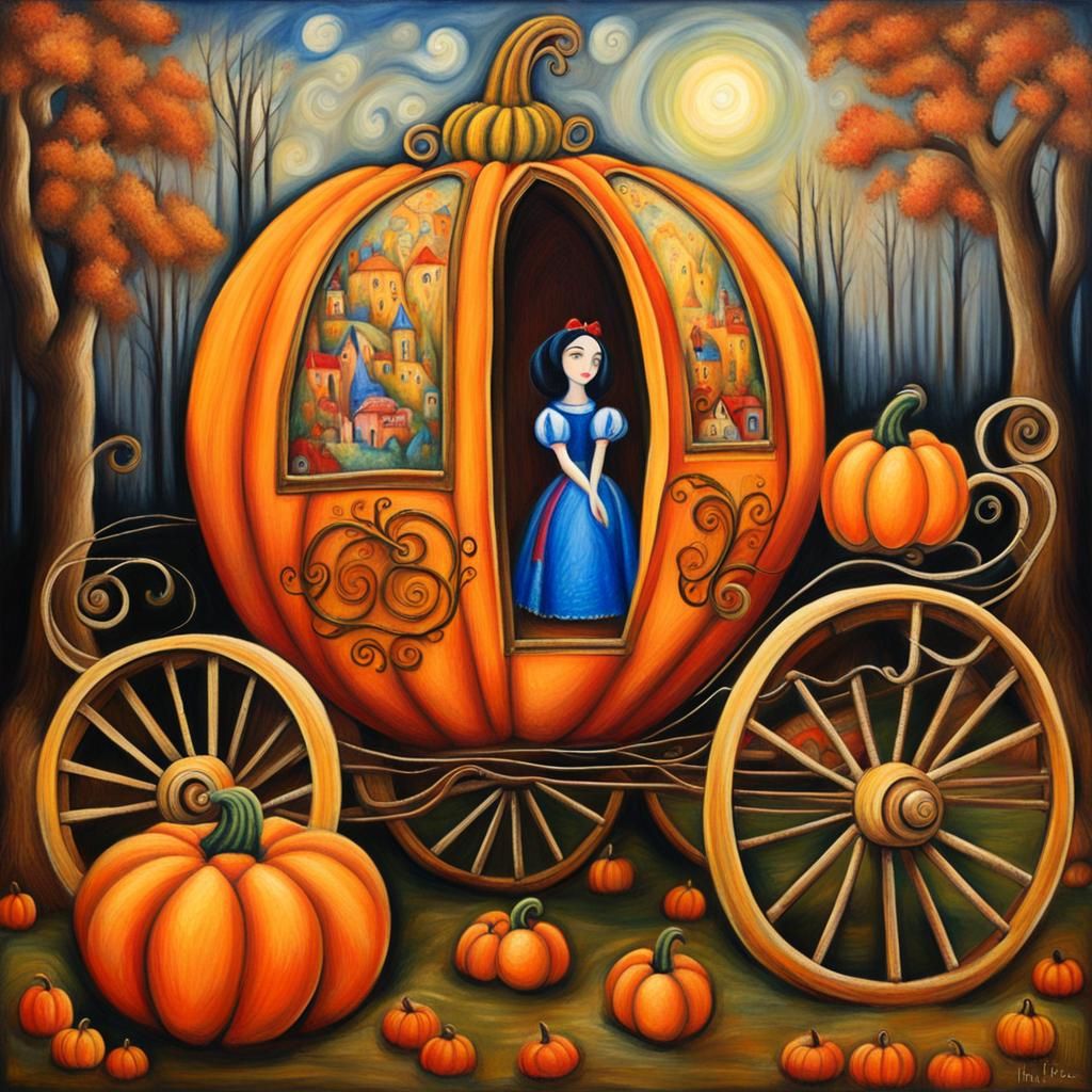 Snow White in Pumpkin Carriage: Folk Art Oil Pastel