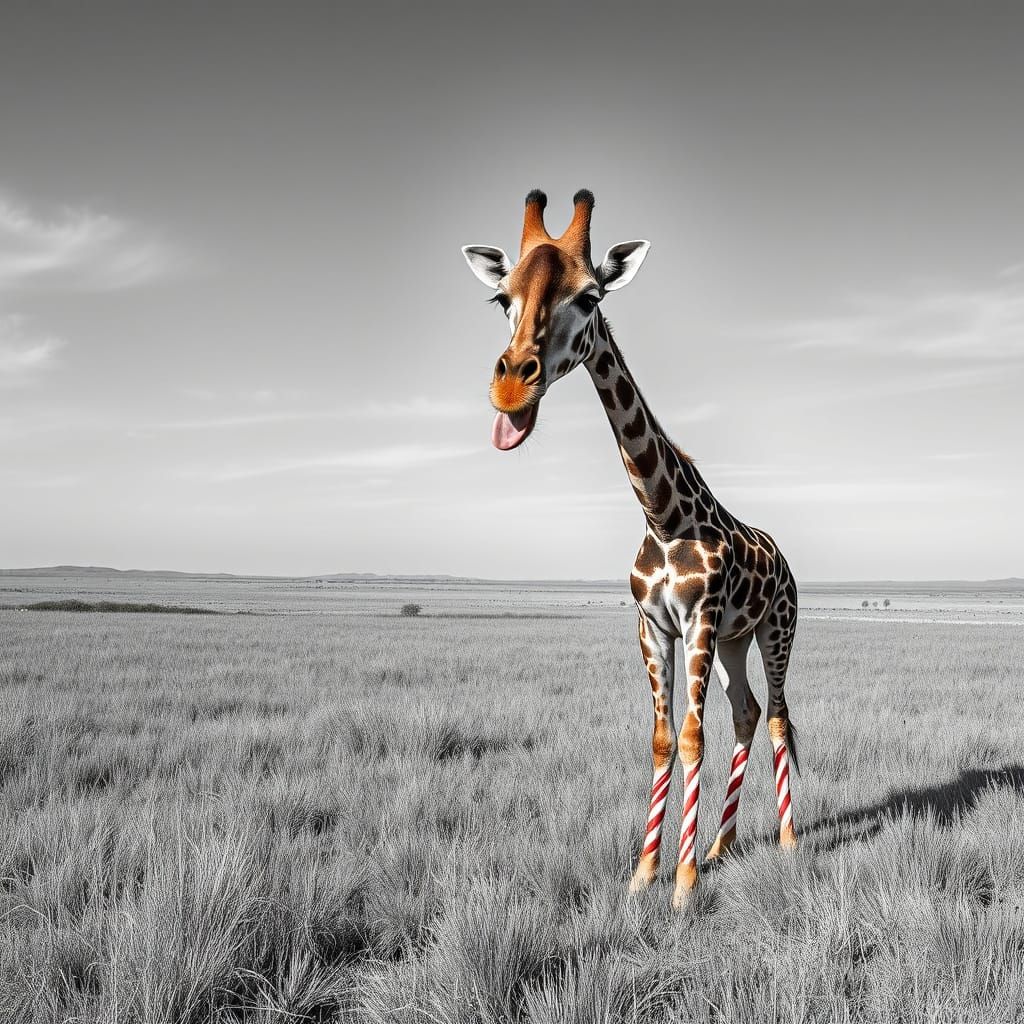 Giraffe's Candy Cane Legs in Grayscale Landscape