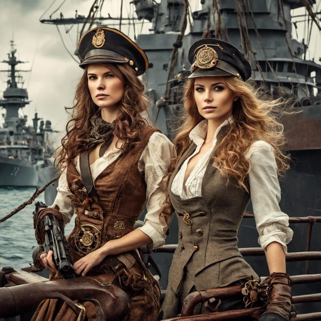 Steampunk Female Warriors on Naval Ship in Watercolor