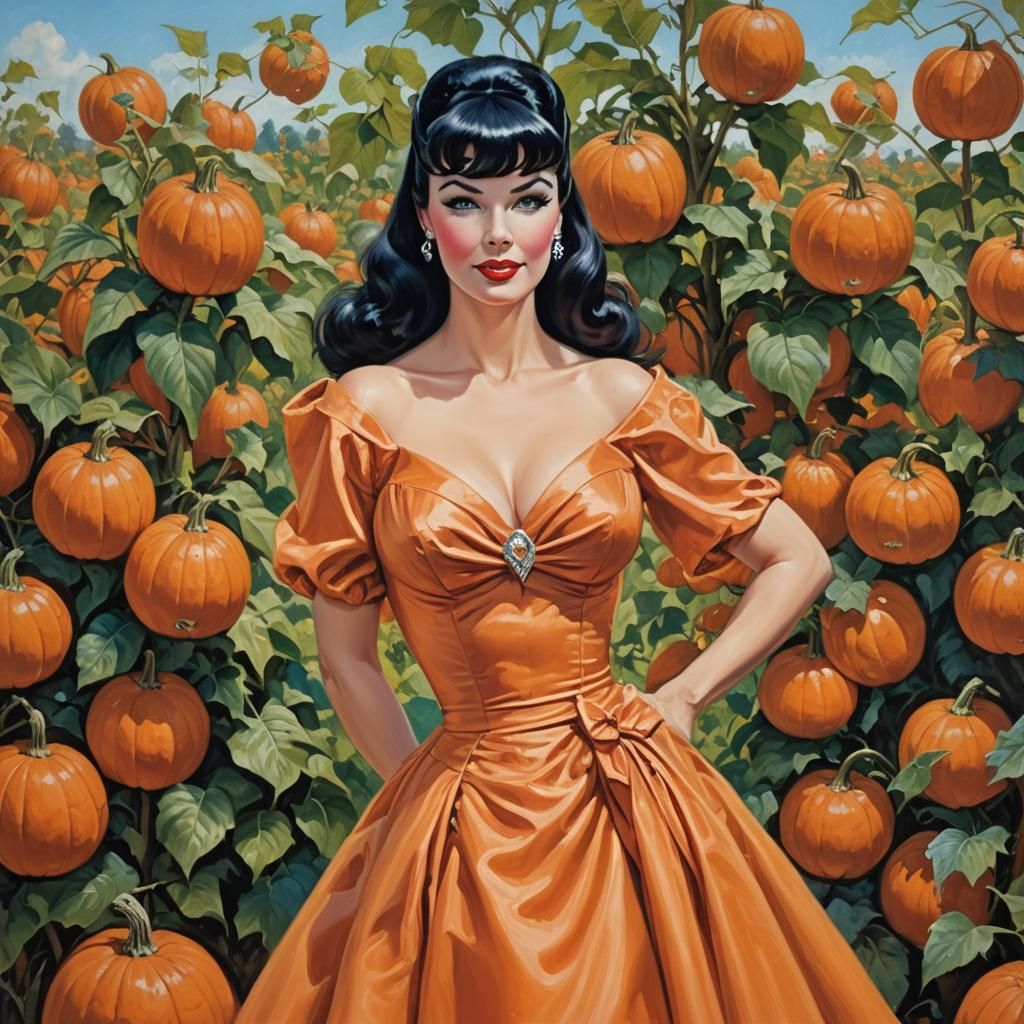 Elegant Bettie Page in Pumpkin Patch, Impressionistic Portra...