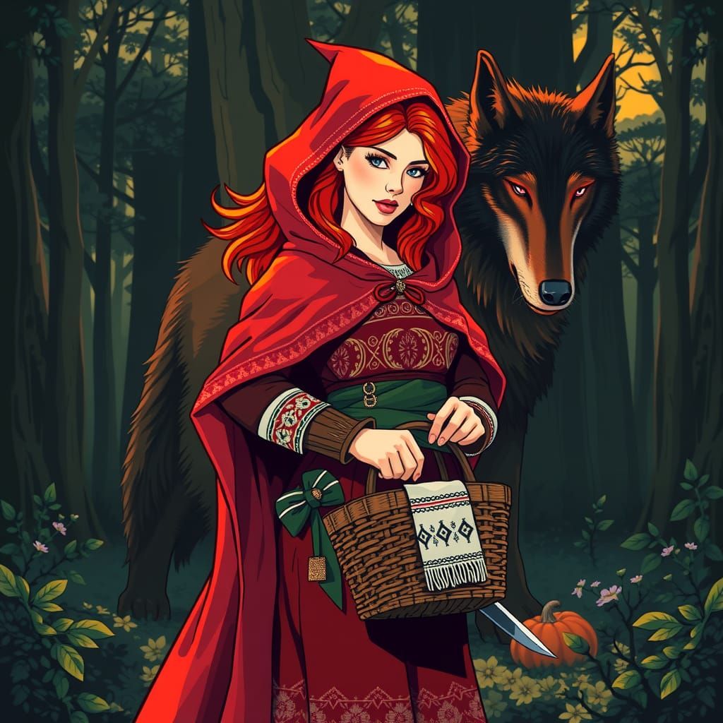Red-Haired Woman in Forest, Pop Art Illustration