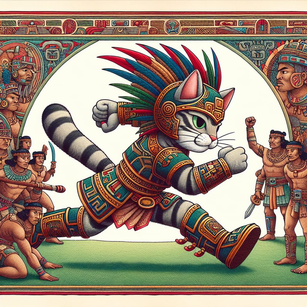 Aztec Warrior Cat in Illuminated Manuscript Style