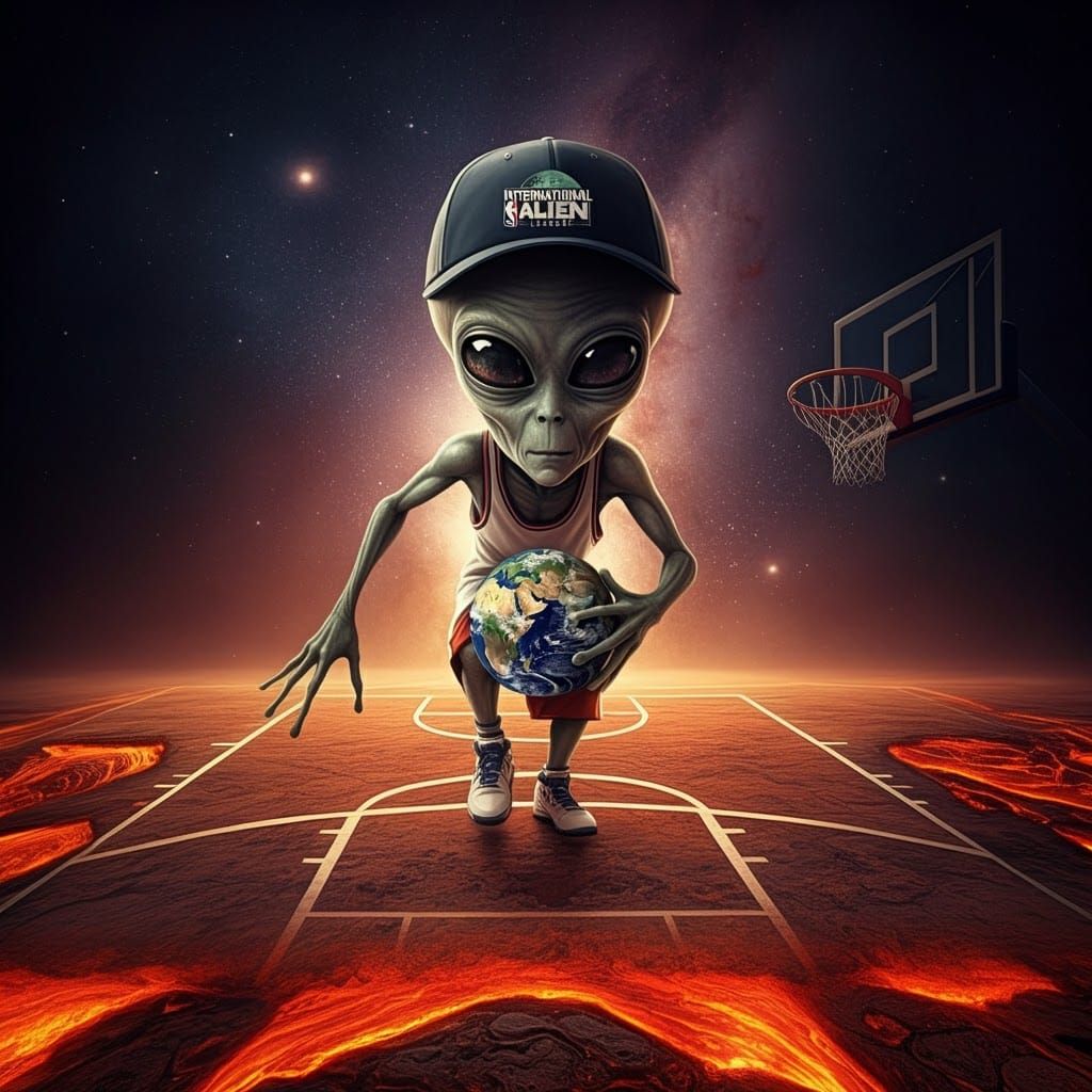 The universe can be seen in the background, an alien is playing basketball on a basketball court. The basketball court h...