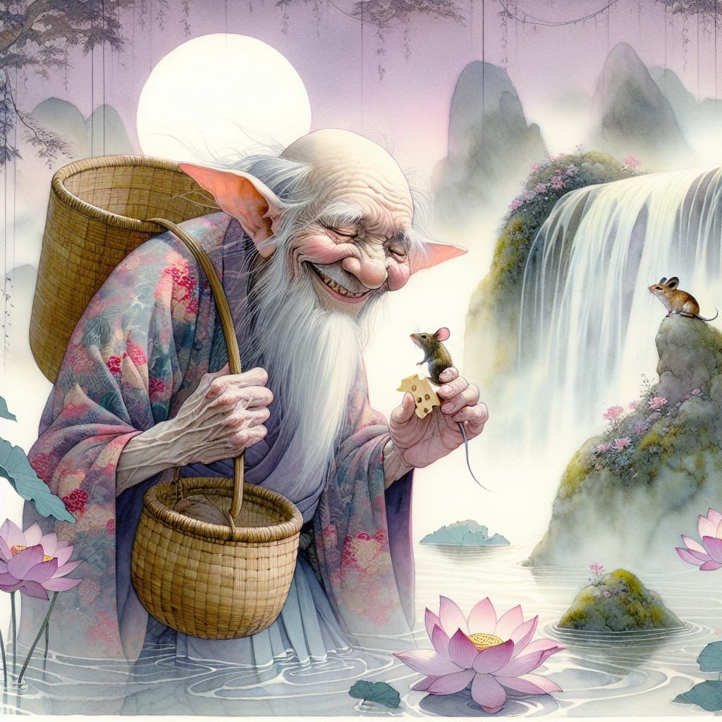 Ukiyo-e Goblin Offers Cheese to Mouse in Dreamy Landscape
