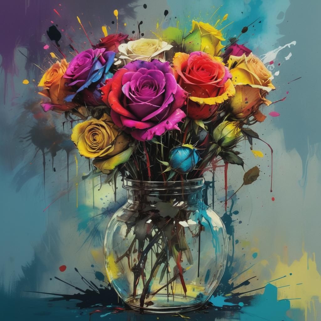 Vibrant Coloured Roses in Dramatic Oil Painting Style