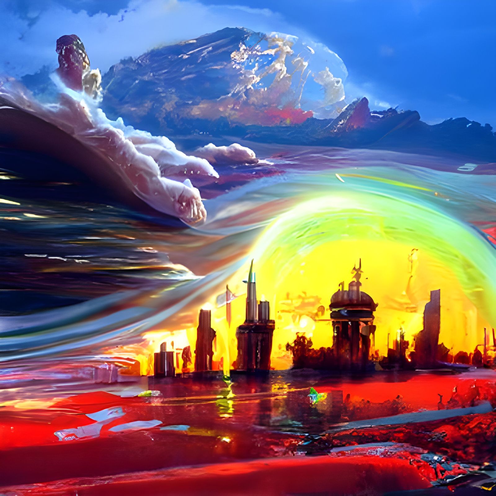 Astral Earth: Cityscape in Cosmic Light, Mixed Media
