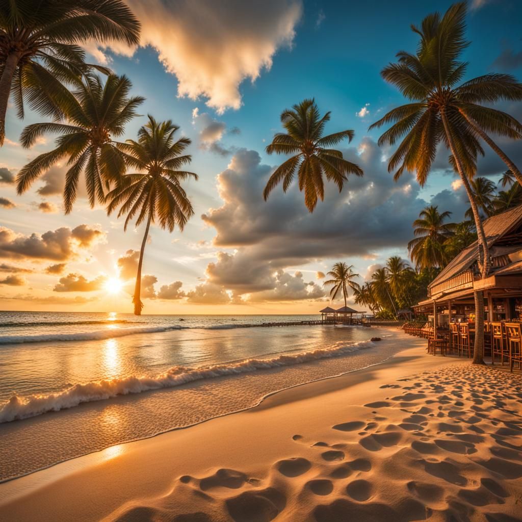 Tropical Beach Sunset Wide-Angle View