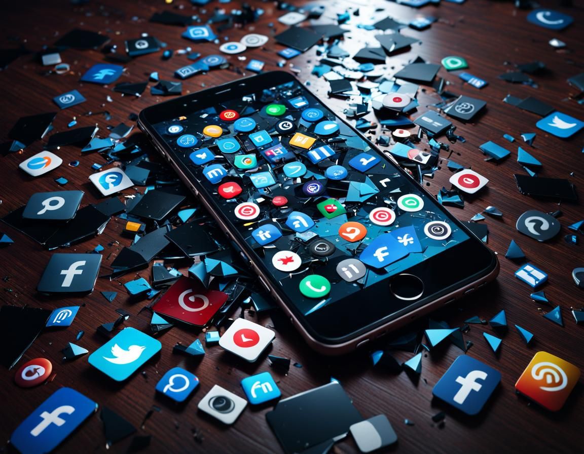 Shattered Social Media Symbols in Digital Painting