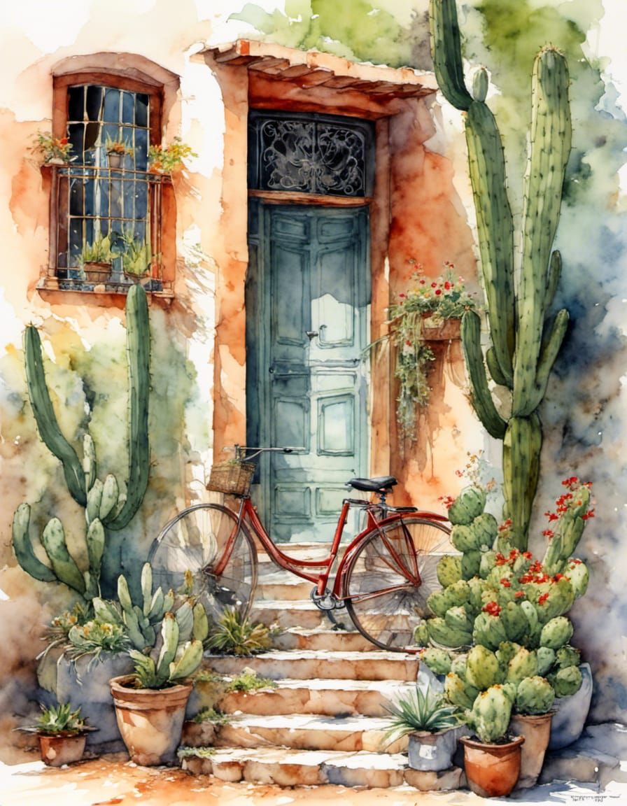 Red Door, Bicycle, and Cactus in Watercolor