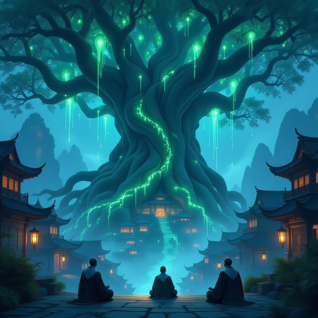 Bioluminescent City Within Giant Tree Roots, Cybernetic Monk...
