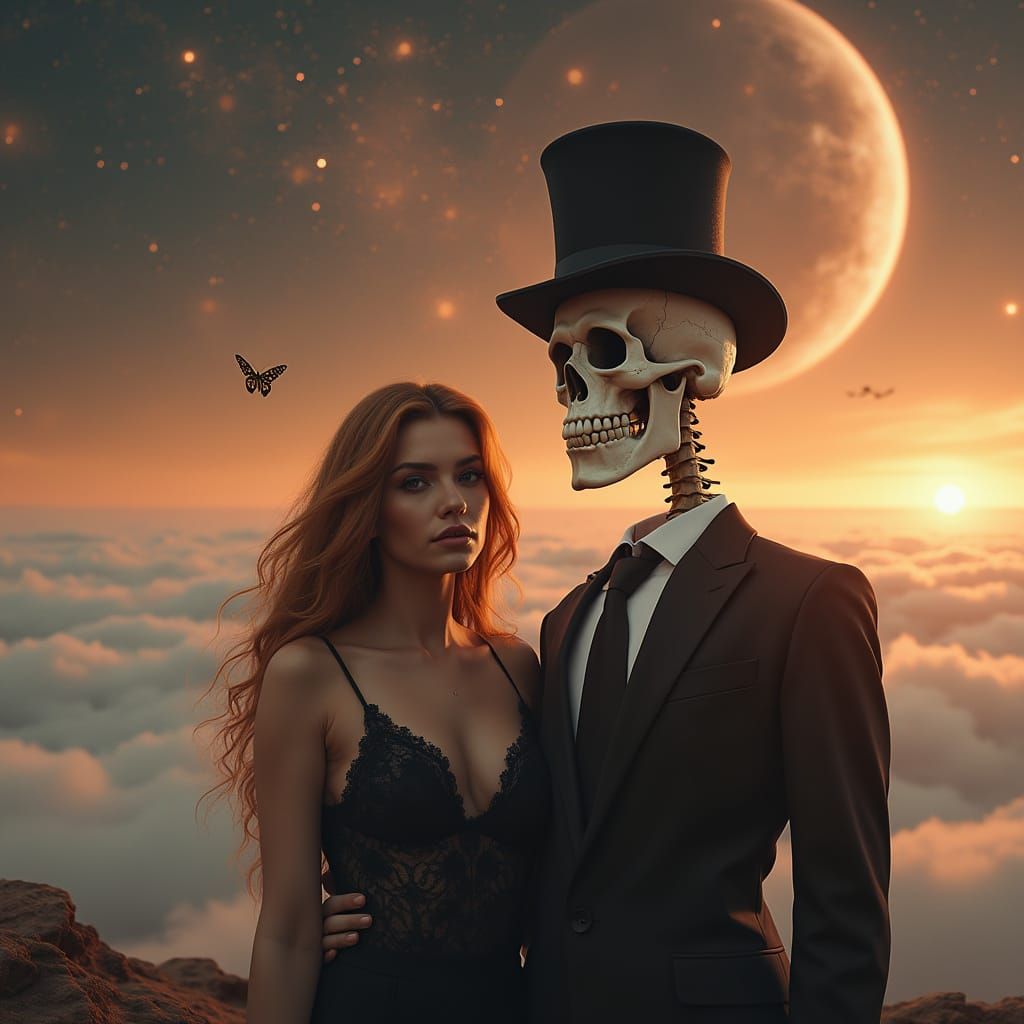 Surreal Scene: Woman and Skeleton in Cosmic Sunrise Landscap...