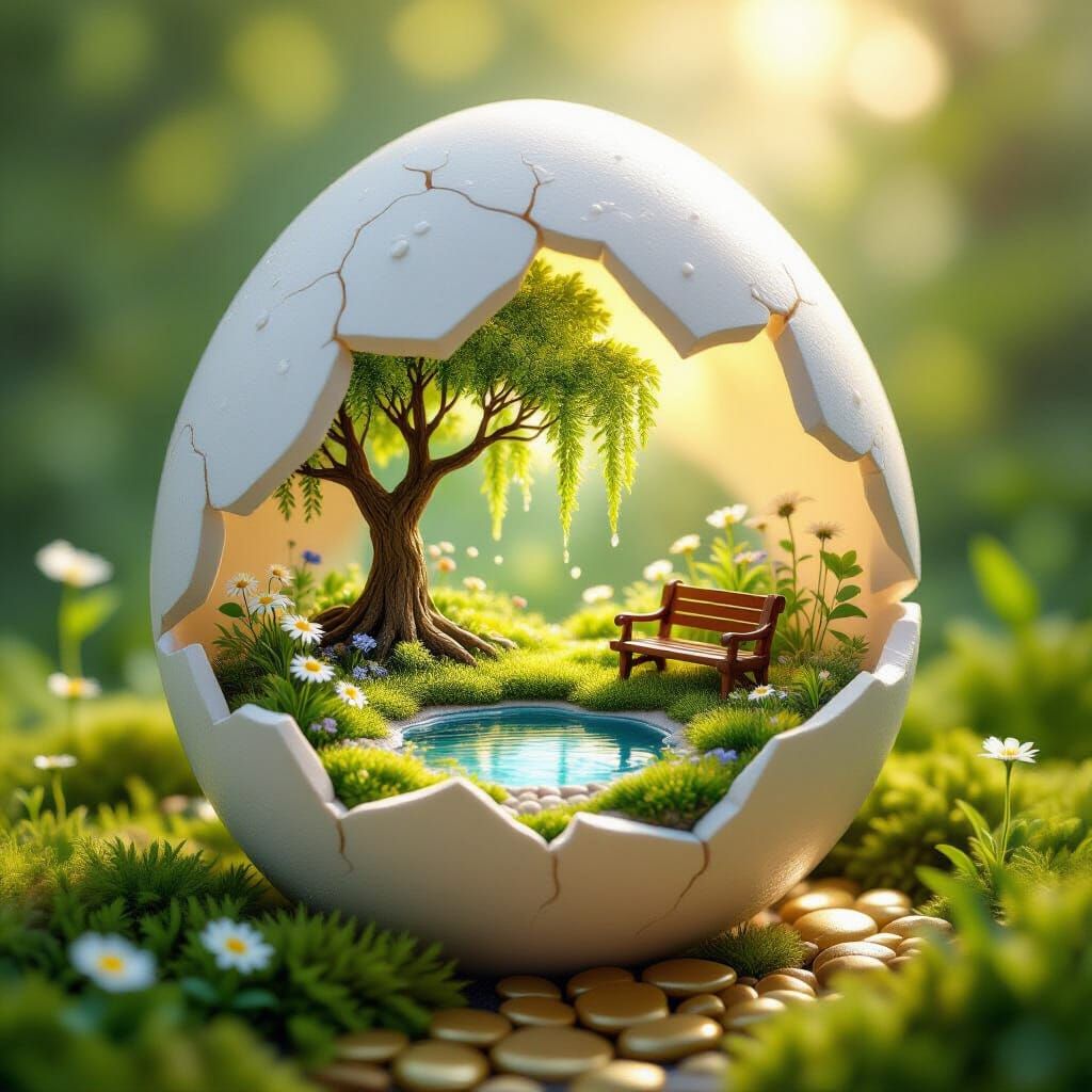 Magical Garden Inside Eggshell with Sunset Glow