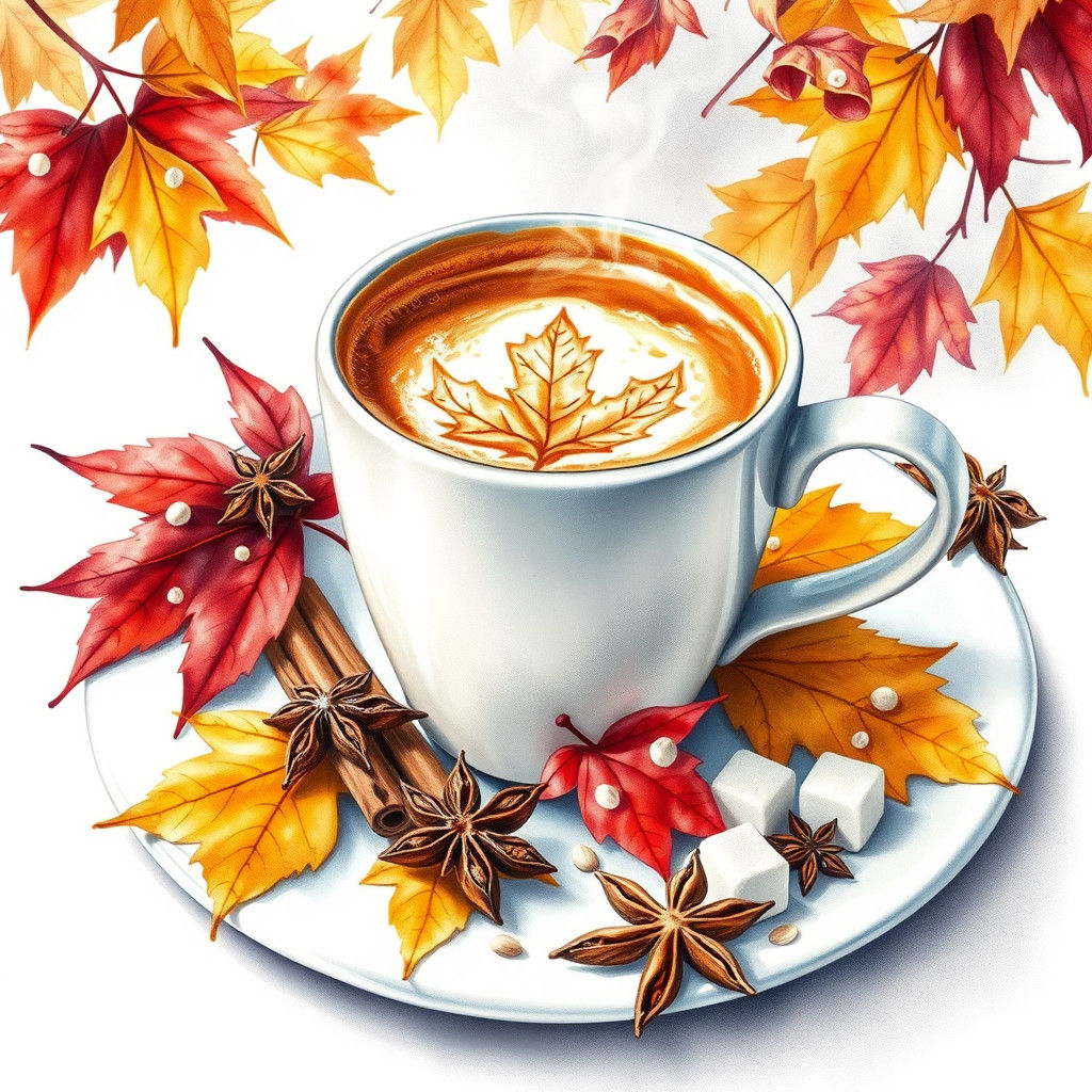 Cappuccino with Autumn Leaves, Watercolor Style