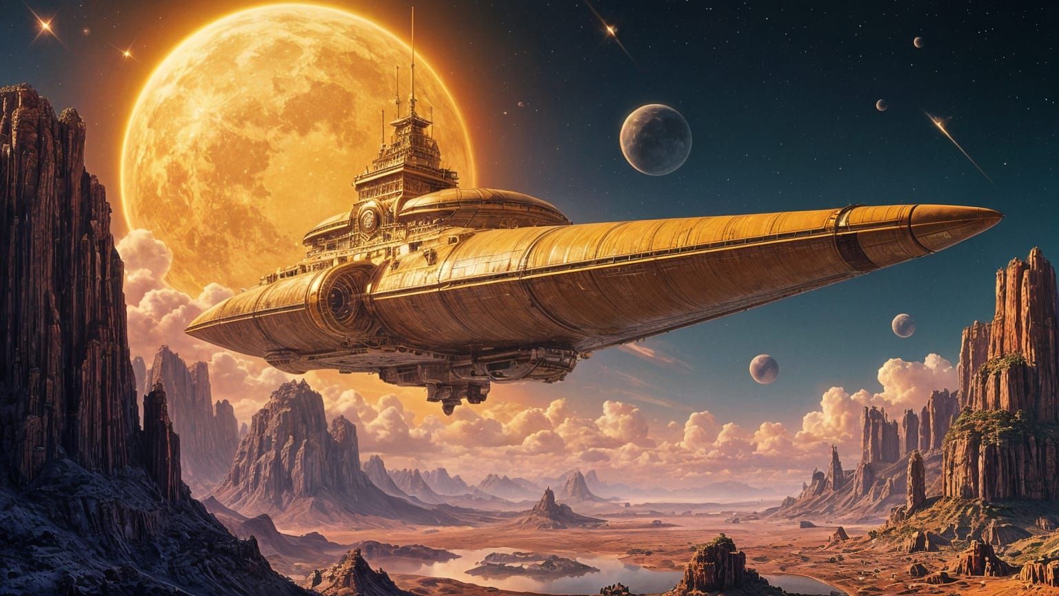Golden Gothic Starship from Baroque Alien Empire