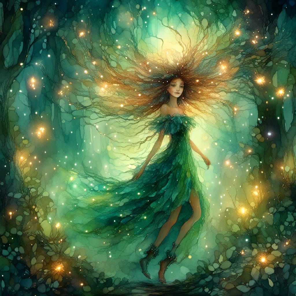 a unique and expressive fairy, wild hair, green eyes and a c...