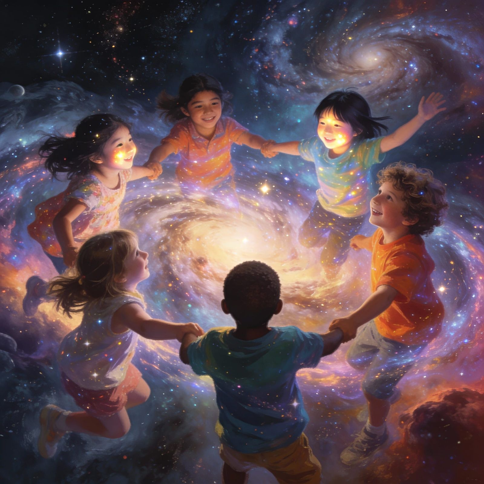 Diverse Children Play in Cosmic Nebula