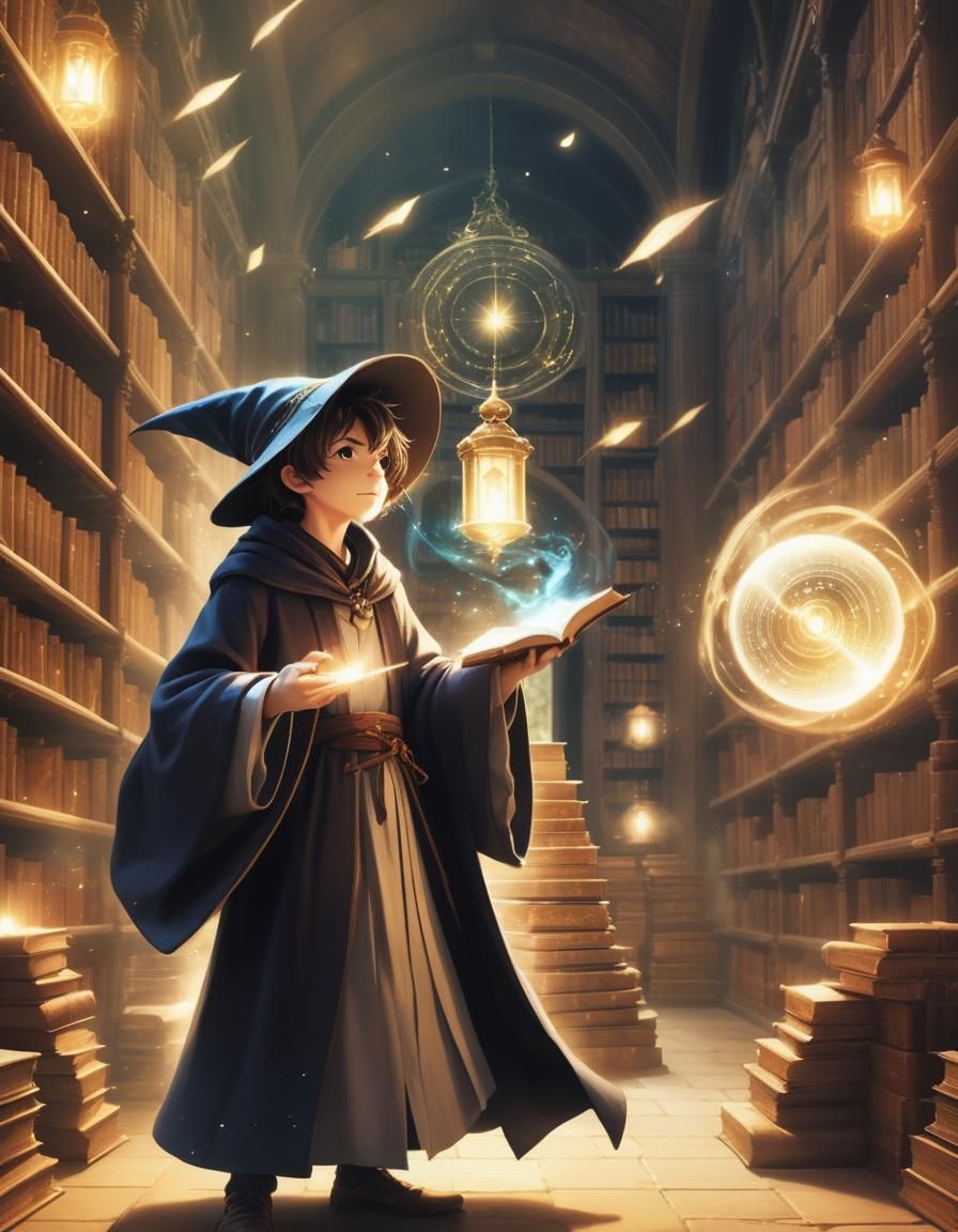 Young Wizard Explores Ancient Tomes in Enchanted Anime Style...