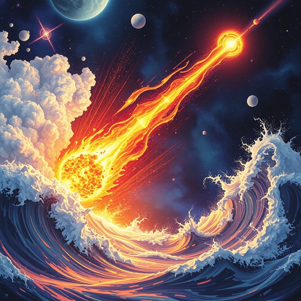 Fiery Comet Strikes Ocean in Astral Cosmic Illustration
