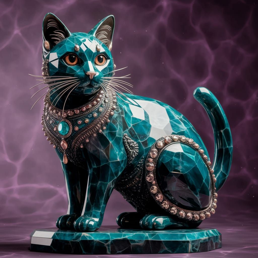 Turquoise Cat Sculpture: Hyperdetailed Lapidary Art