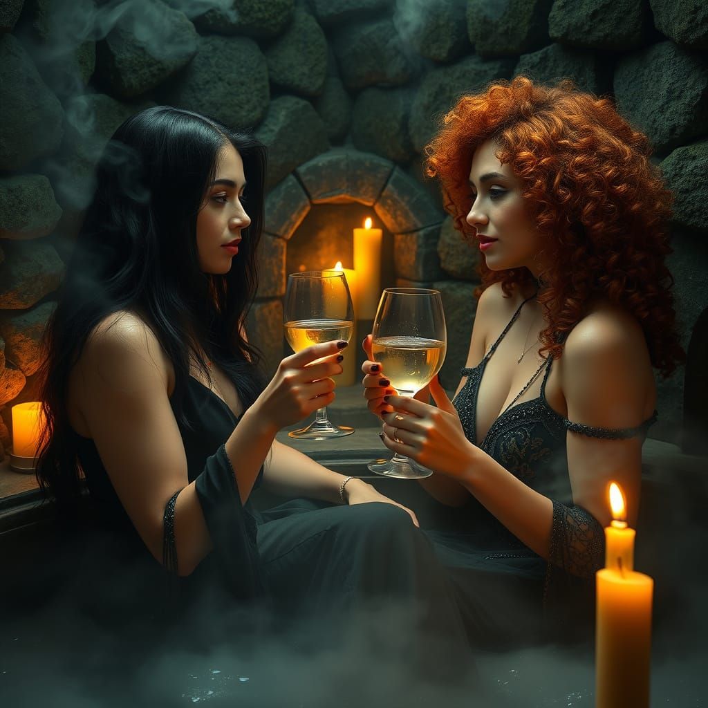 Two Women in a Medieval Steam Chamber, High-Fantasy Art