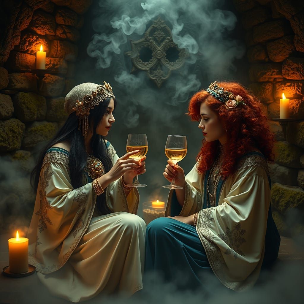 Medieval Women in Mystical Steam Chamber, Inspired by Fantas...