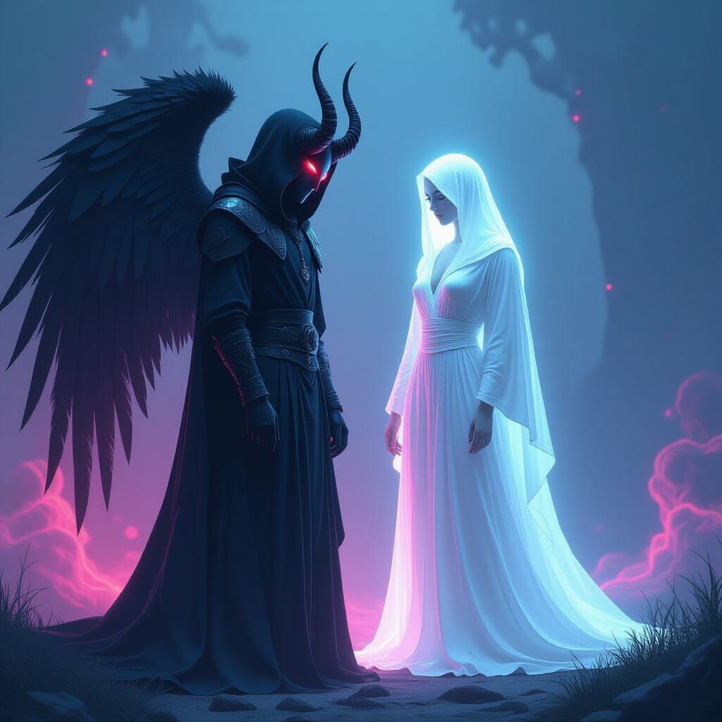 Demonic Angel and Soul with Neon Lines in Ethereal Style