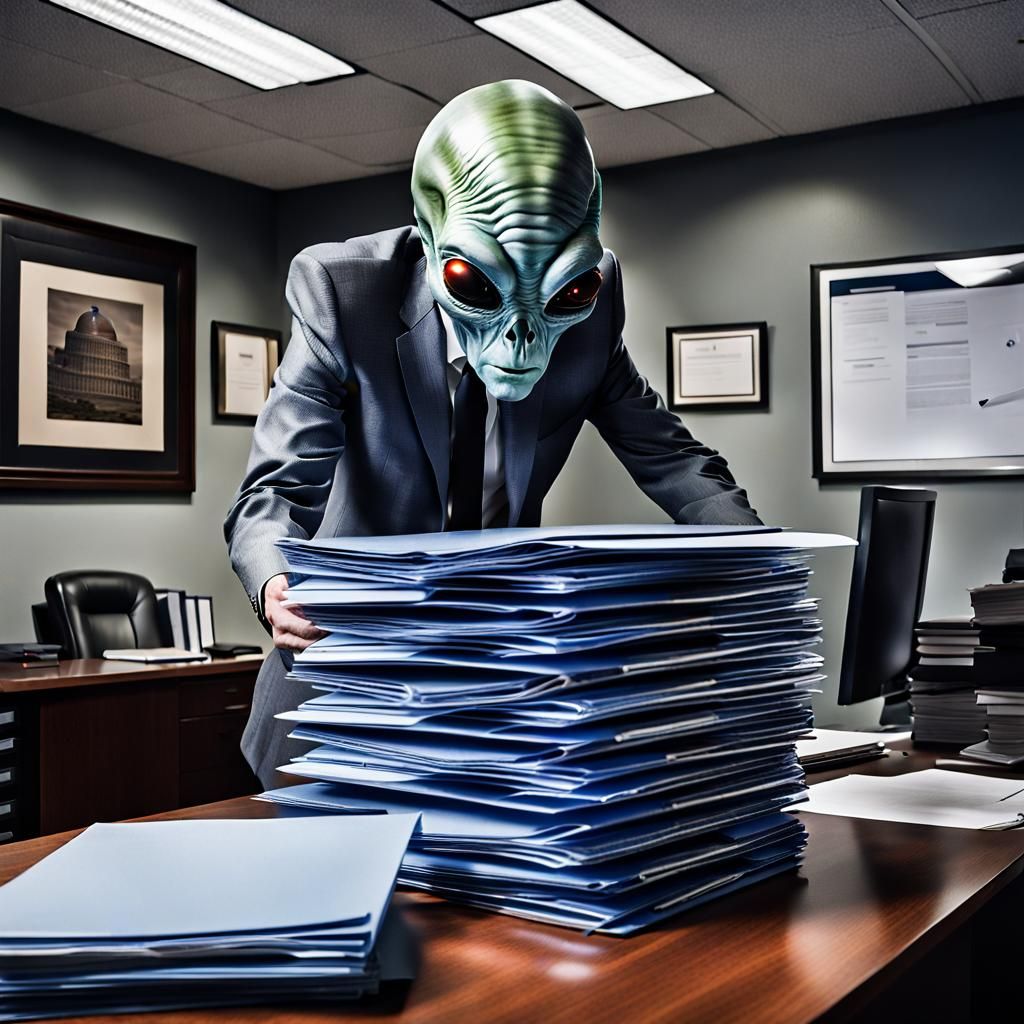 Alien CEO Hands Folders to Human Subordinate