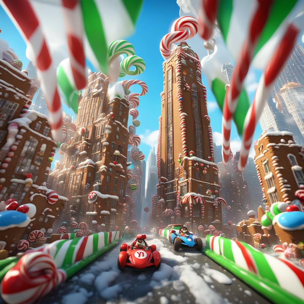 Gingerbread Skyscraper City with Candy Cars