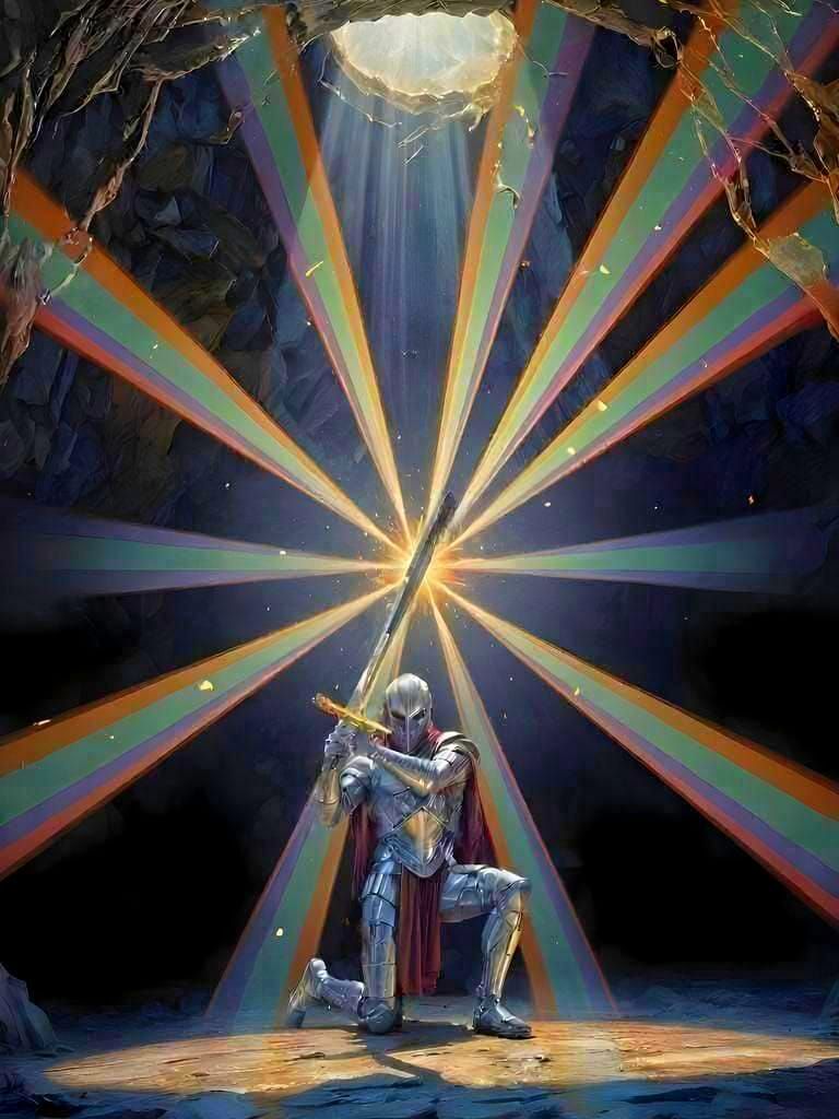 Knight in Dark Cave: Rainbow Prism Reflection