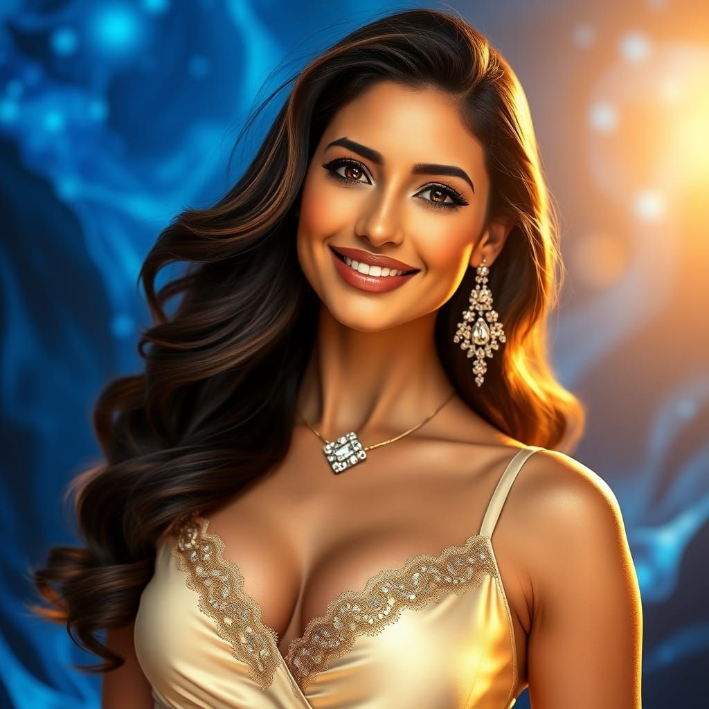 Gorgeous Woman in Cream Gold Bra Top with Diamond Jewelry, S...