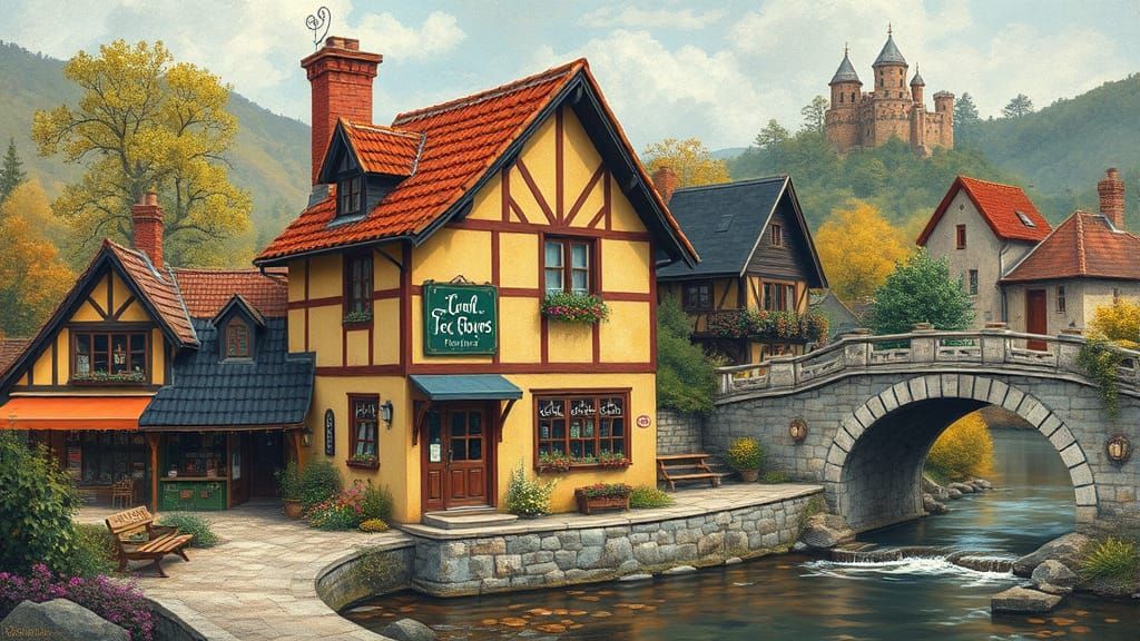 Charming Village Teahouse in Impressionistic Style