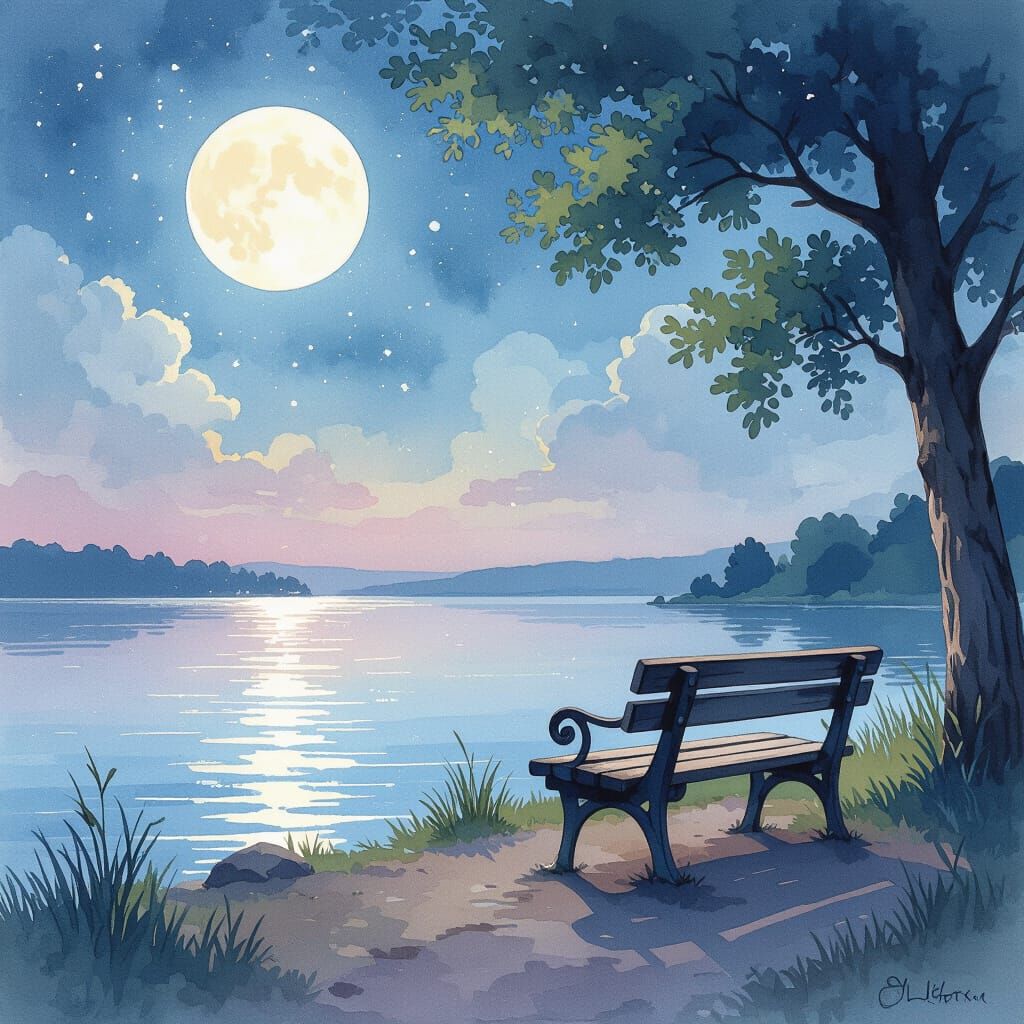 Dreamy Lakeshore Twilight: Whimsical Pastel Watercolour Vist...