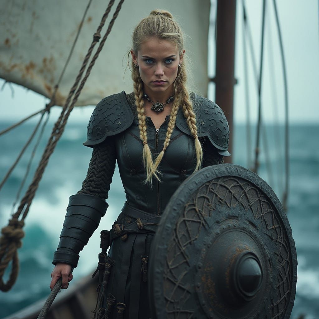 Viking Shieldmaiden on Stormy Sea, Cinematic Style