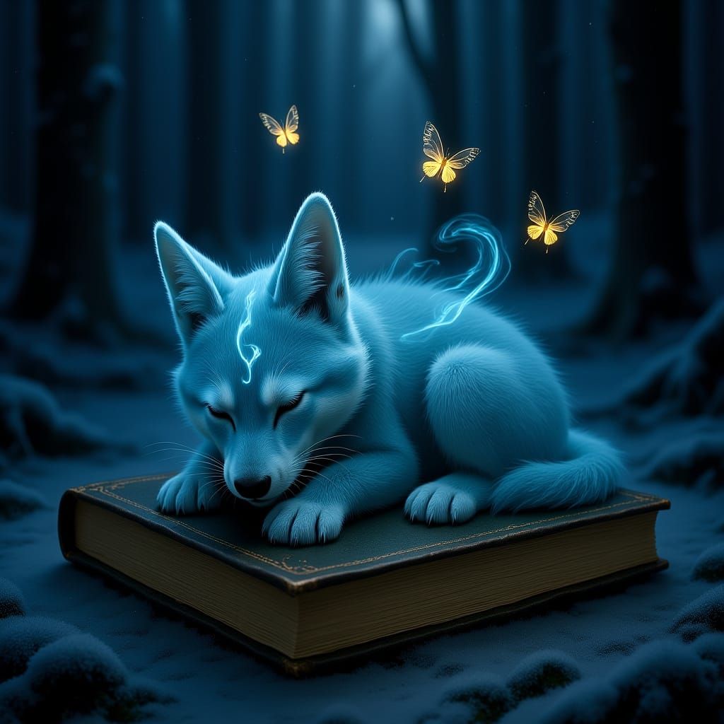 Whimsical Smoke Wolf Cub Sleeps on Ancient Book