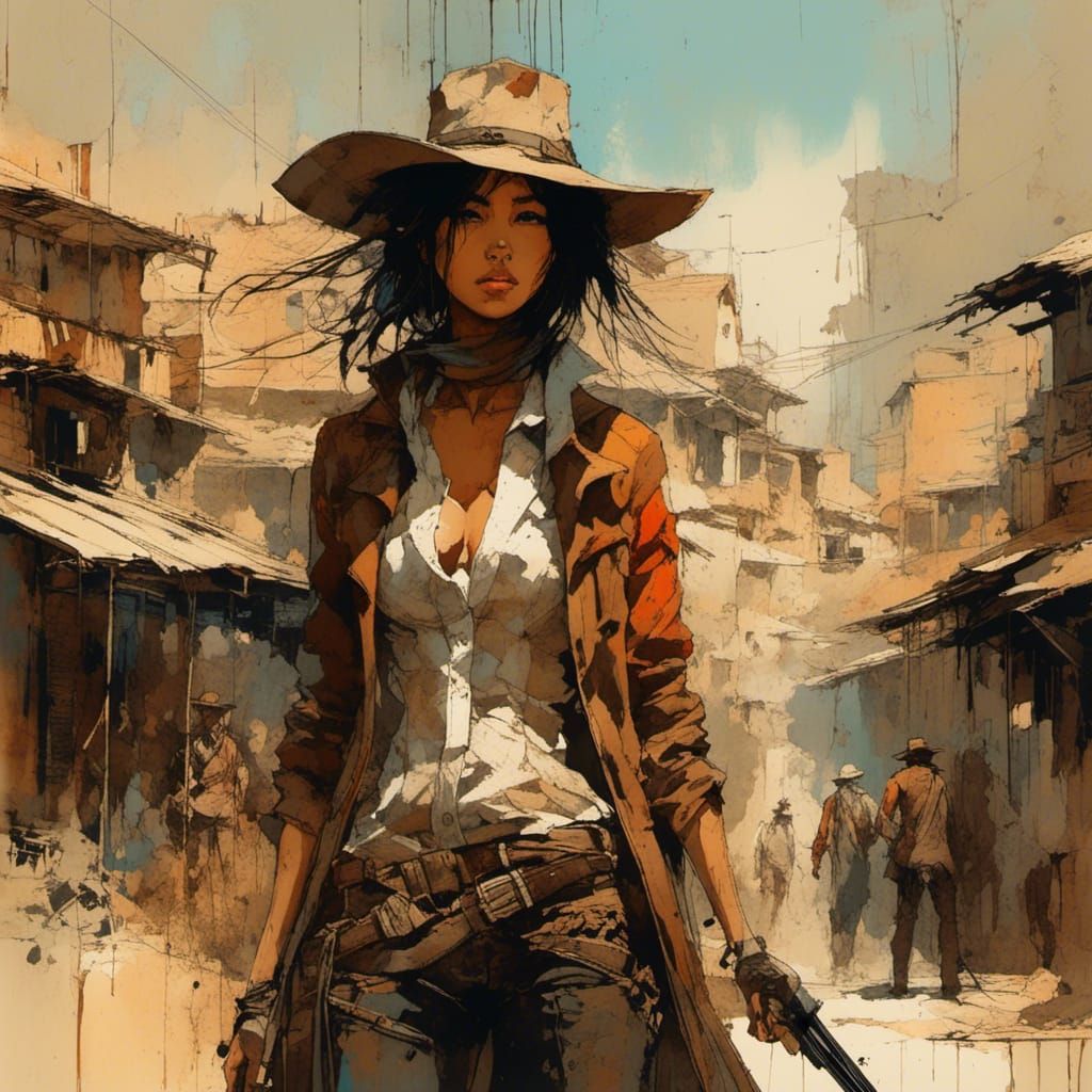 Asian Gunslinger Portrait in Western Town Landscape