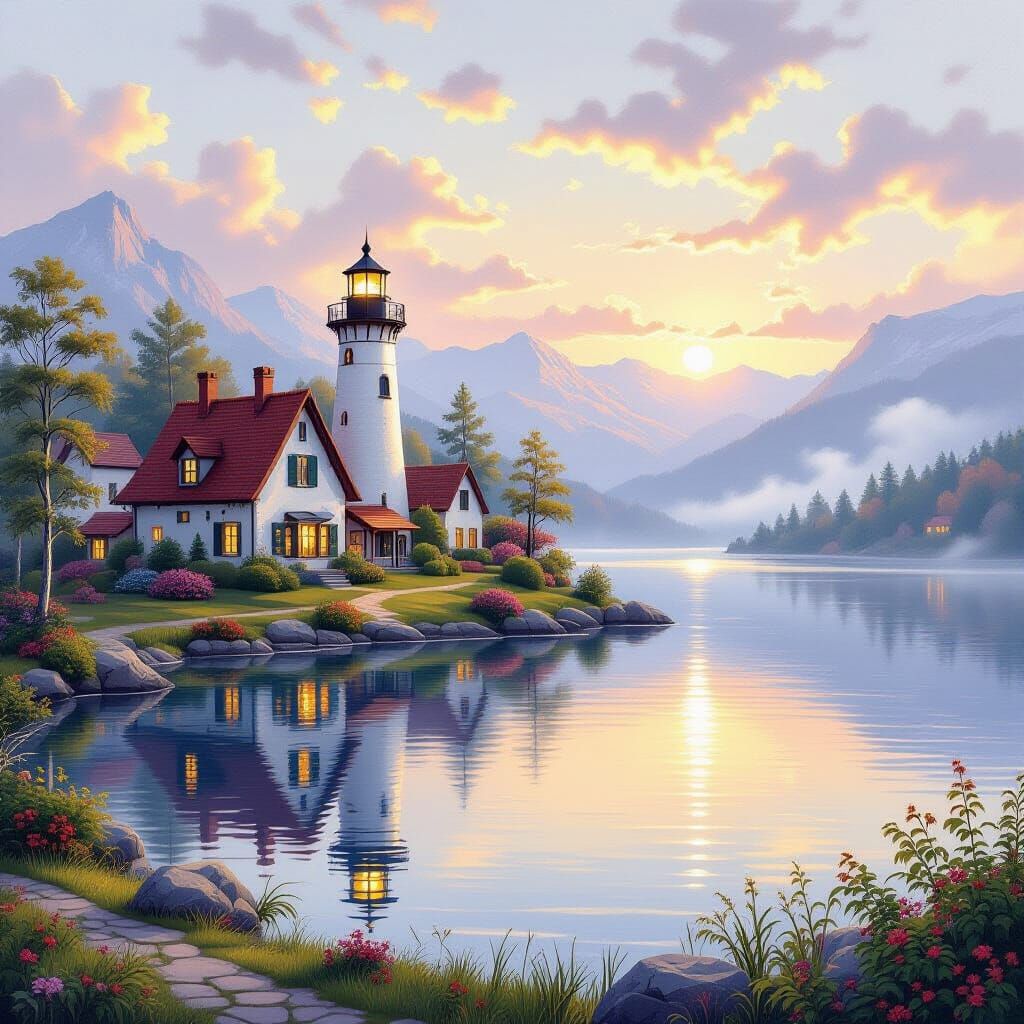 Fairytale Village Lakeside with Majestic Lighthouse
