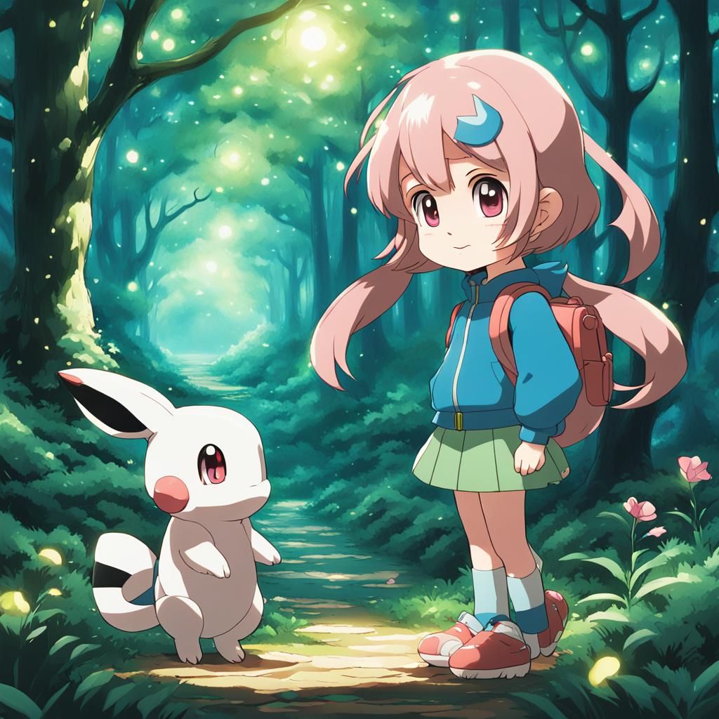 Mew Pokémon with pretty anime Chibi girl, enchanted forest, ...