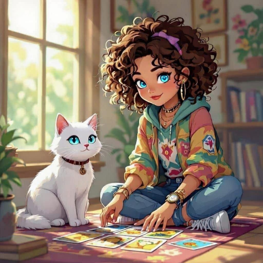 Skatergirl Reads Tarot with Cat in Cartoon Style