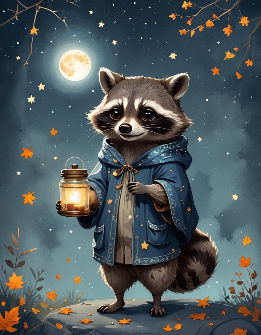 Magical Raccoon with Glowing Jar Under Moonlight