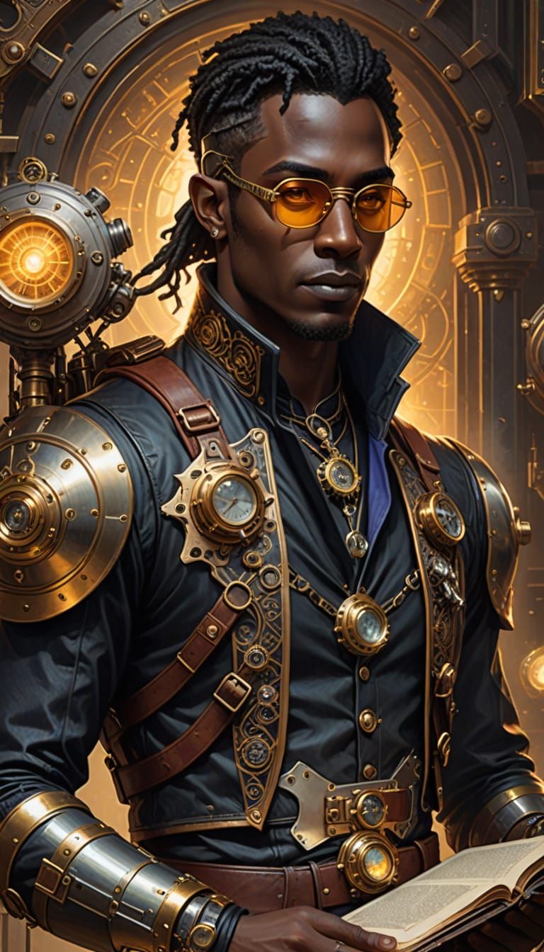 Steampunk Artificer Portrait with Mechanical Spellbook Drone