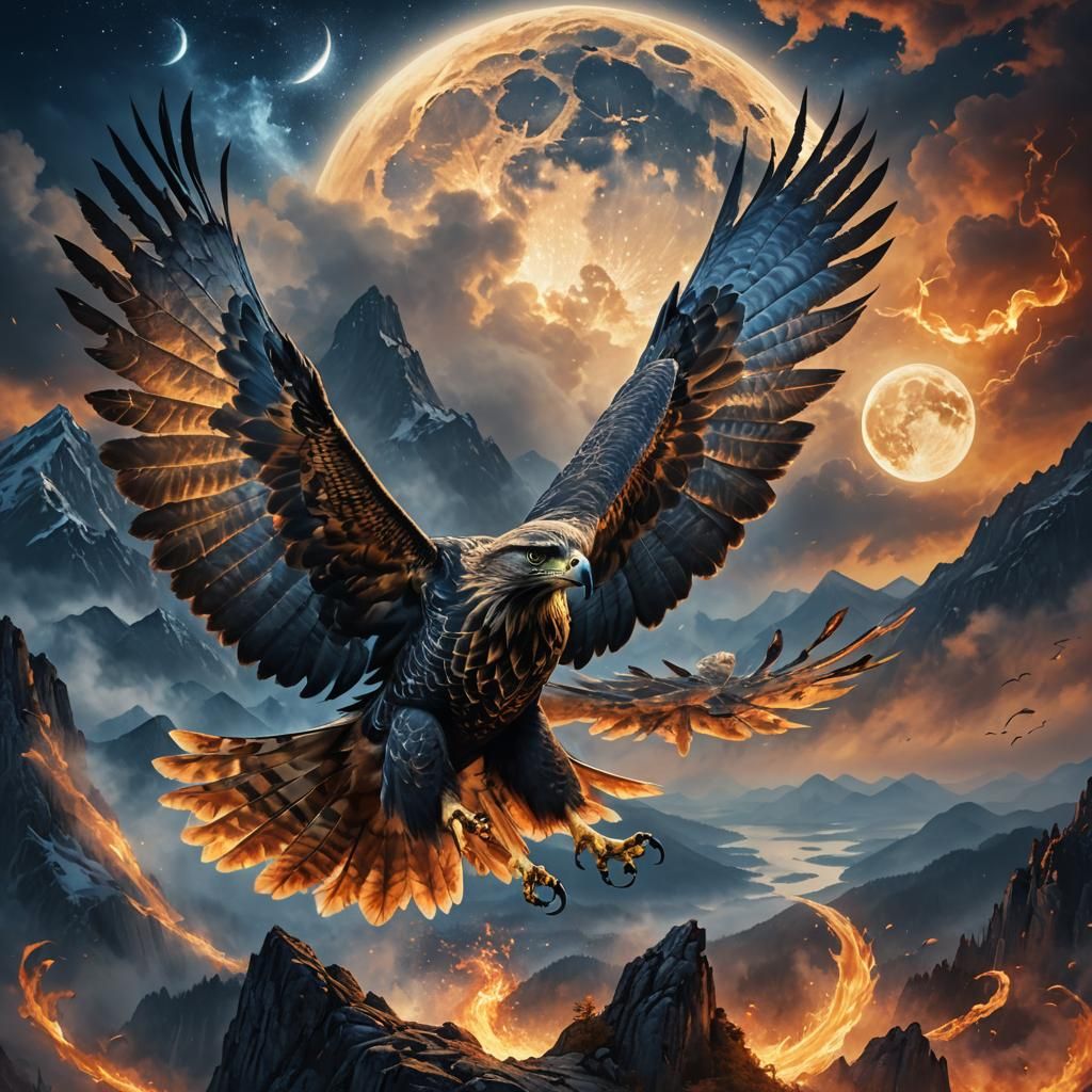 Hawk in Flight Before Moon with Dragon Fire