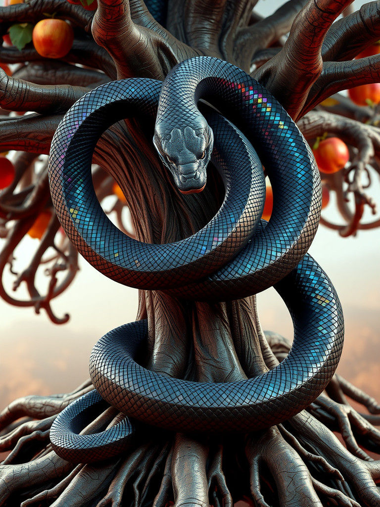 Majestic Black Serpent Coils Ancient Apple Tree in Iridescen...