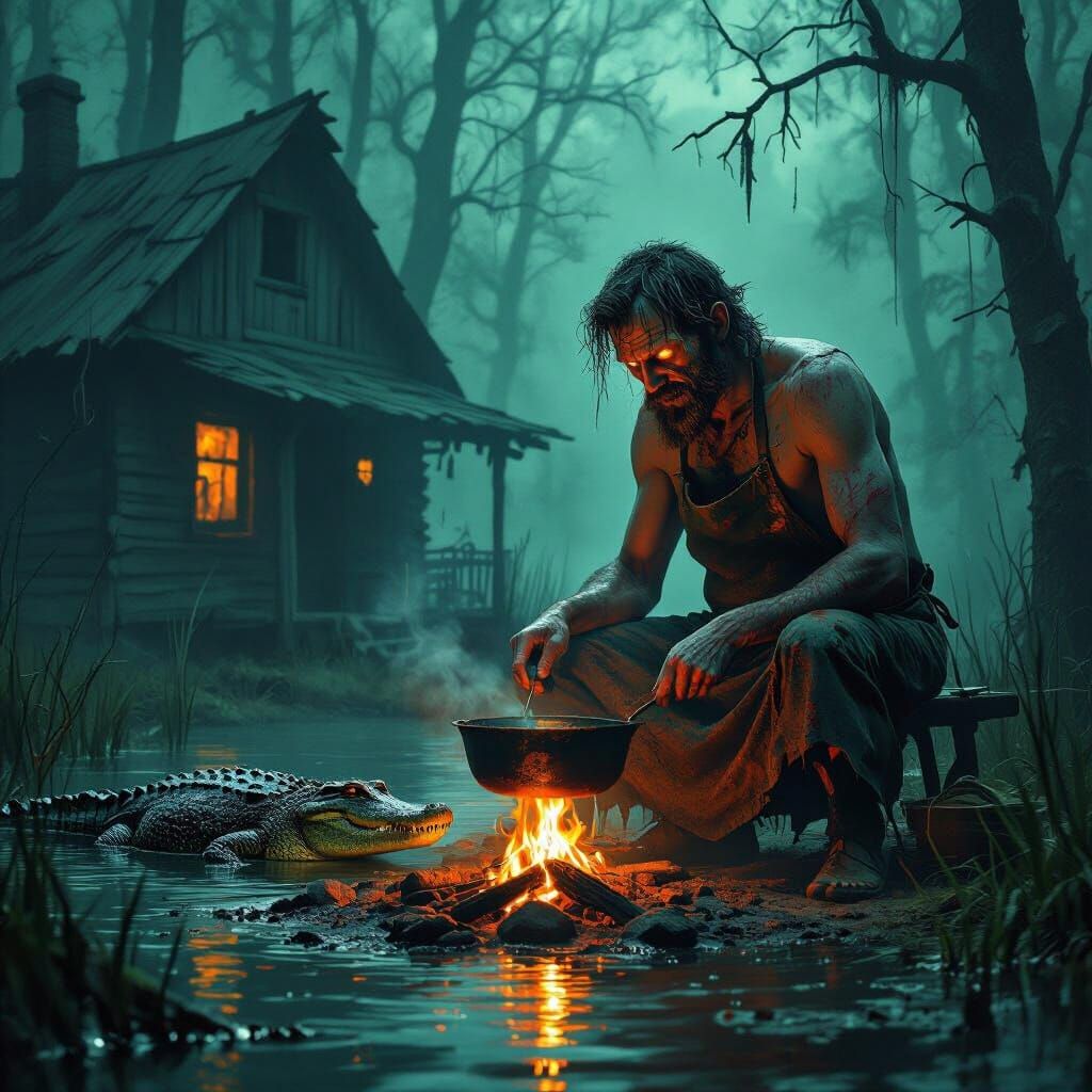 Horror Concept Art: Demonic Hillbilly Cooks Over Fire