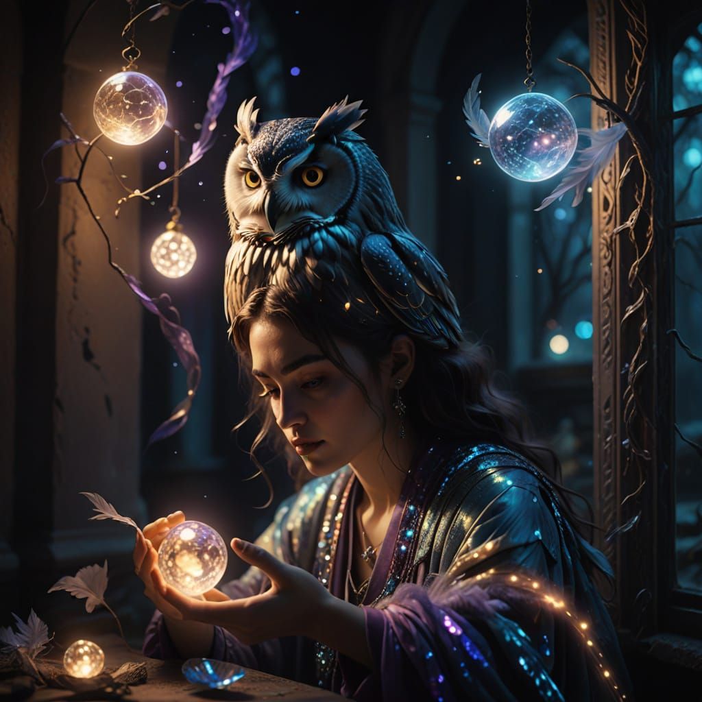 Dreamlike Snow Owl Goddess in Celestial Splendor