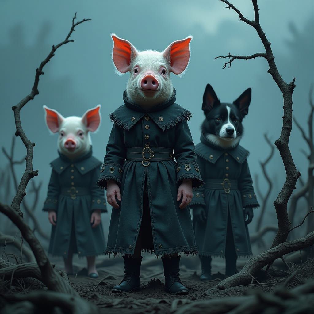 Dark Fantasy: Skeletal Figures in Ominous Landscape