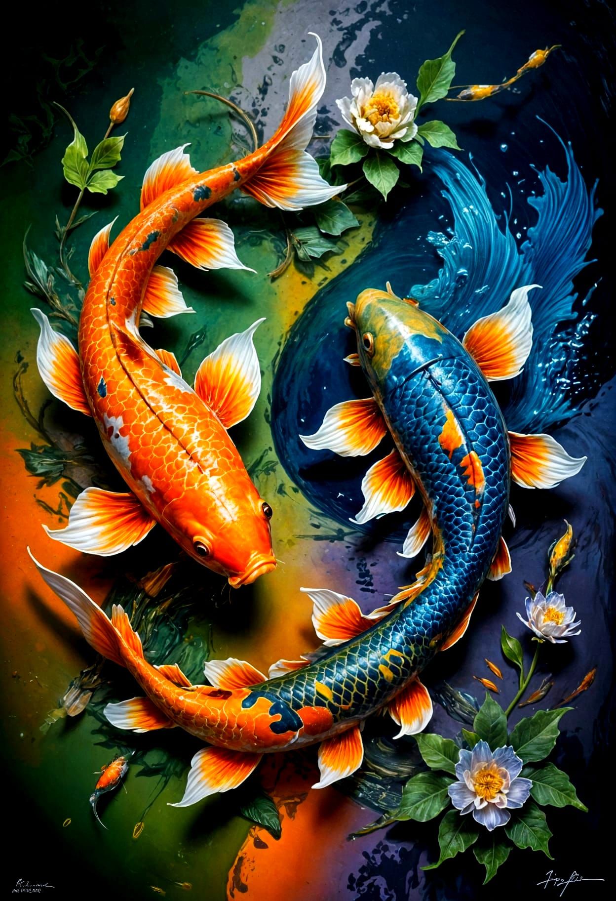Hyperdetailed Koi Fish Yin-Yang Symbol in Warm Colors