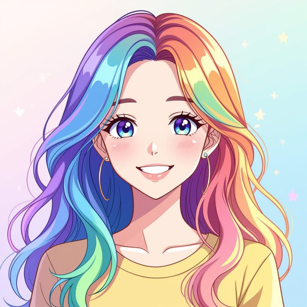 Smiling Asian Girl with Rainbow Hair in Anime Style