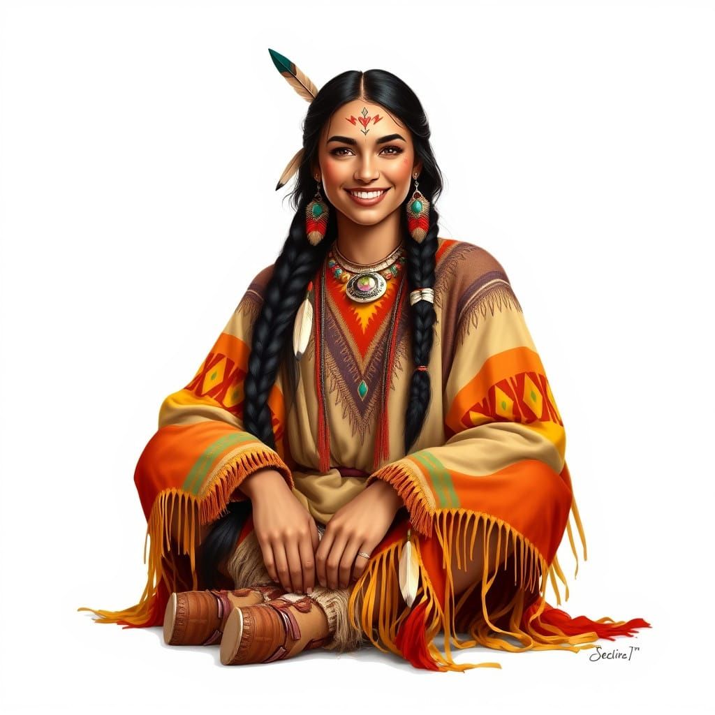 Vibrant Native Woman in Traditional Regalia, Delicate Paintw...