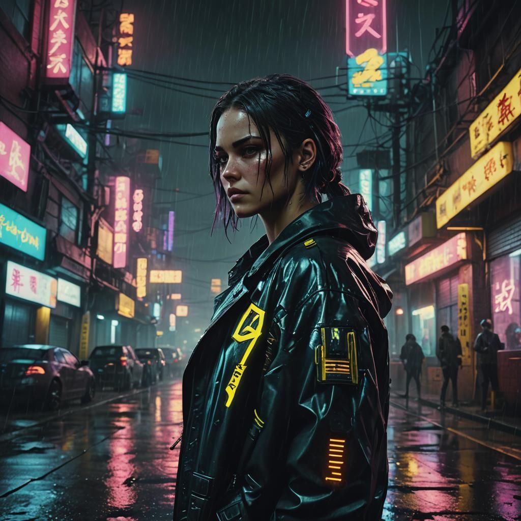 Cyberpunk 2099: Woman Waits in Rainy Neon City